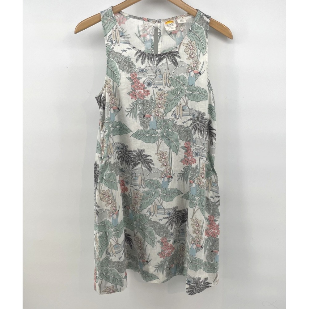 C&C California Dress Size S Linen Tropical Print Sleeveless Shift Pockets Beach